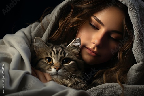 adorable young woman with a comfortable blanket and an adorable kitten