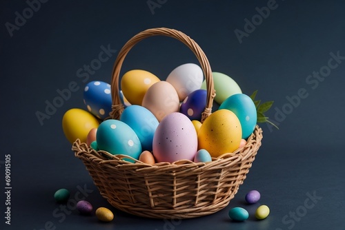 Beautiful Easter eggs in a basket with a dark blue background. Easter eggs background with copy space.