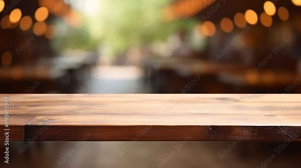 Empty wooden table space platform and blurred resturant or coffee shop background for product display montage. Generative Ai Empty wooden table space platform and blurred resturant or coffee shop background for product display montage. Generative Ai