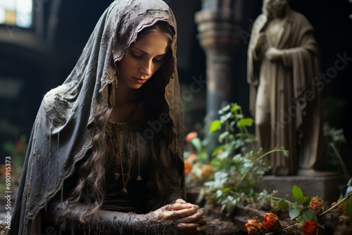 realistic virgin mary praying in a cemetery on a rainy day photo