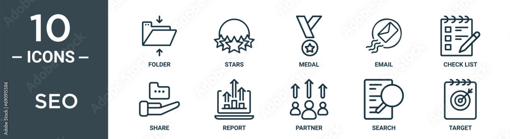 seo outline icon set includes thin line folder, stars, medal, email ...