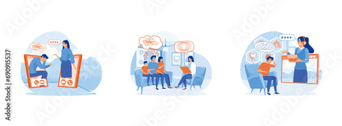 Psychological counseling. Psychotherapy.  Psychologist online. Psychologist 2 set flat vector modern illustration 