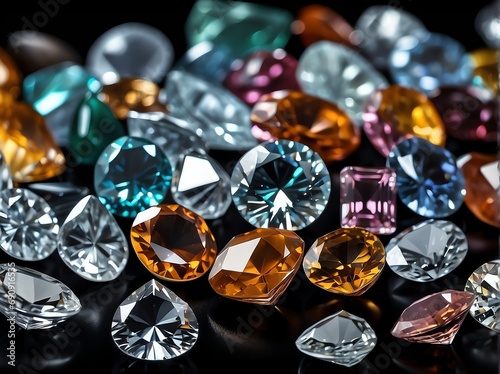 Bunch of diamond gemstones on plain black background from Generative AI