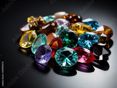 Bunch of colorful gemstones on white table top with plain black background from Generative AI
