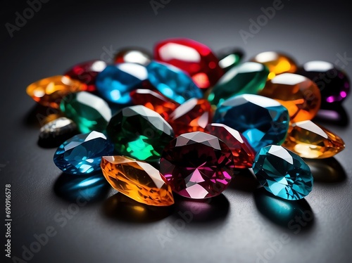 Bunch of colorful gemstones on white table top with plain black background from Generative AI