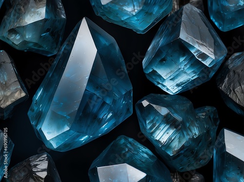 Blue quartz crystal cluster on plain black background from Generative AI