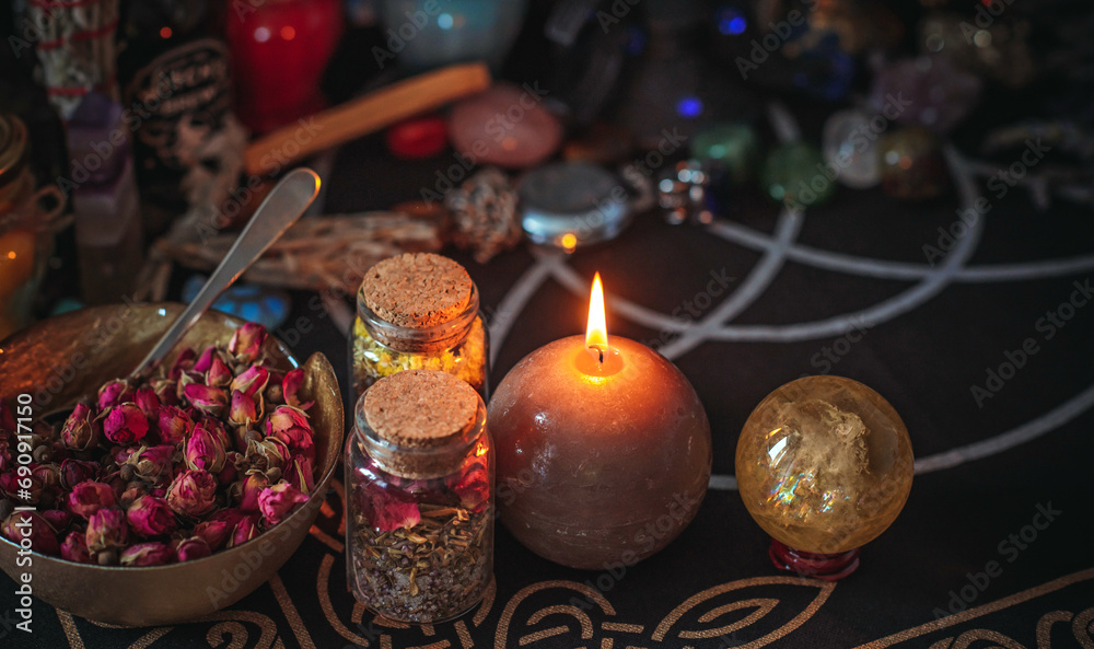Astrology, esotericism concept. Stuff on a table, mystical atmosphere. Future prediction Astrology, esotericism concept. Stuff on a table, mystical atmosphere. Future prediction