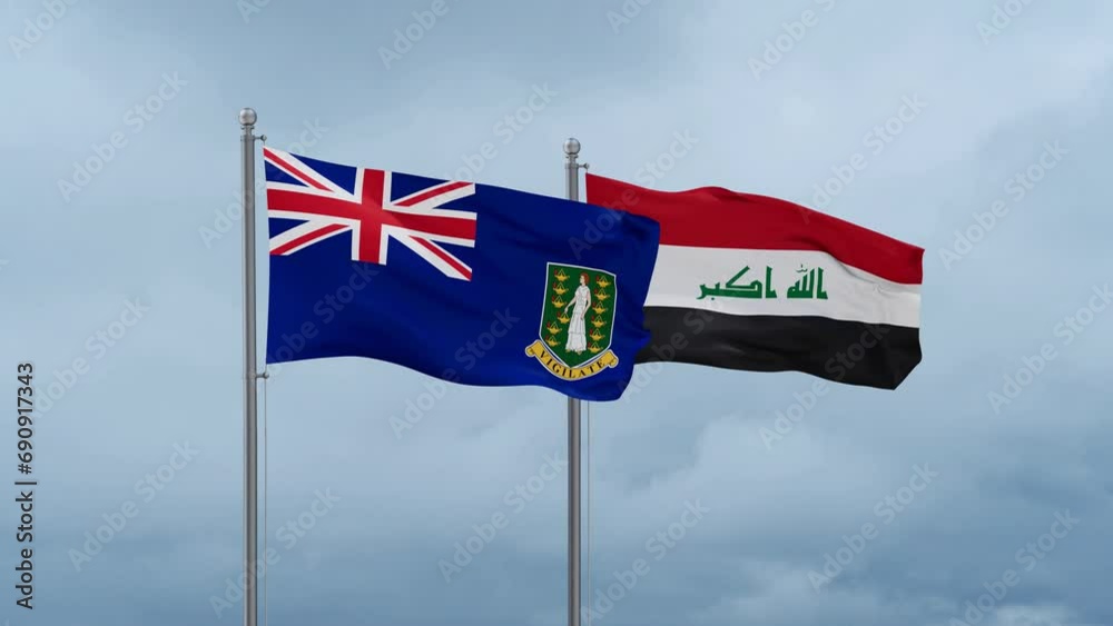 Iraq flag and British Virgin Islands flag waving together on blue sky, looped video Iraq flag and British Virgin Islands flag waving together on blue sky, looped video