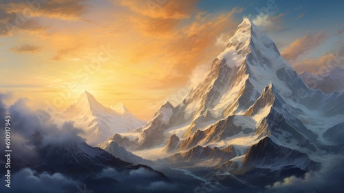  a snow-covered mountain peak catching the first light of sunrise, painting the landscape in shades of gold and blue. © Ahmad