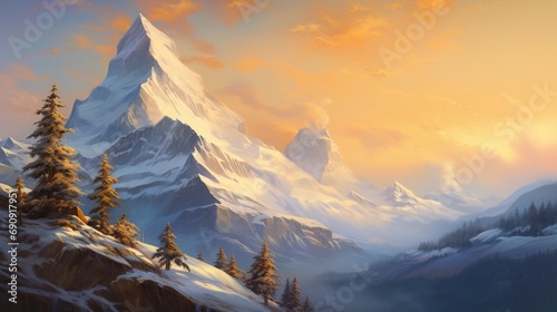  a snow-covered mountain peak catching the first light of sunrise, painting the landscape in shades of gold and blue.