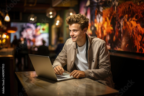 Young man smiling while using his laptop in a vibrant city cafe, working on his projects remotely.