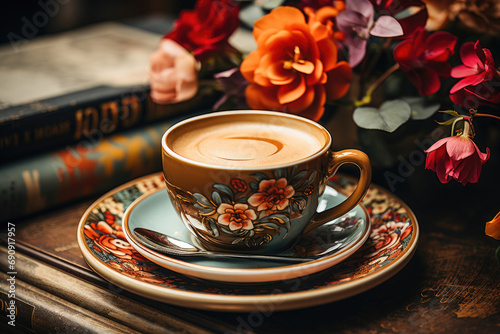 A warm and inviting image of a vintage coffee cup with beautiful floral design, surrounded by vibrant flowers and antique books.