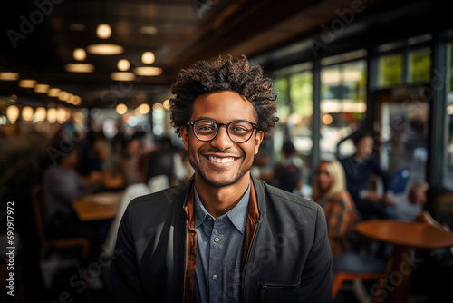 Portrait of a cheerful young African American man smiling confidently in a busy cafe setting.