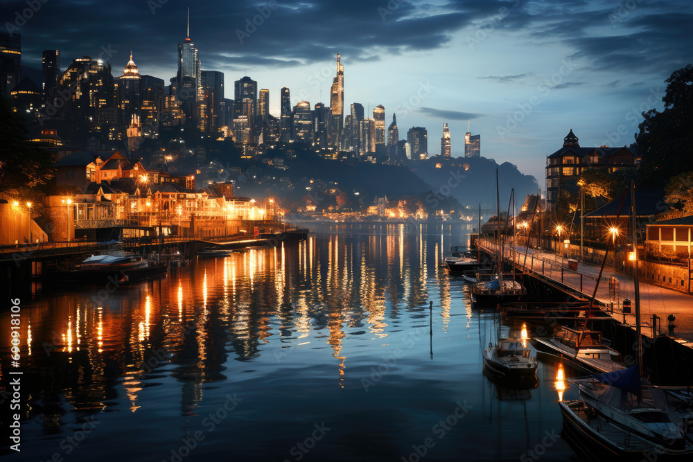 Fototapeta premium A tranquil evening cityscape with skyscrapers illuminated and reflections on the river.