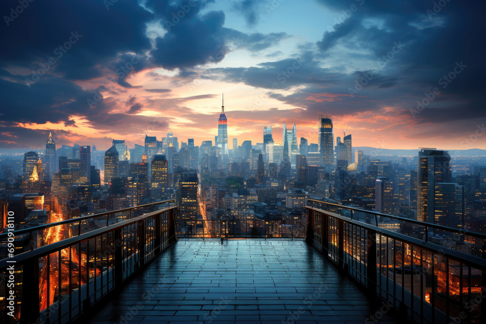 Stunning sunset view of a city skyline from a high vantage point, with skyscrapers and vibrant evening colors. - obrazy, fototapety, plakaty 