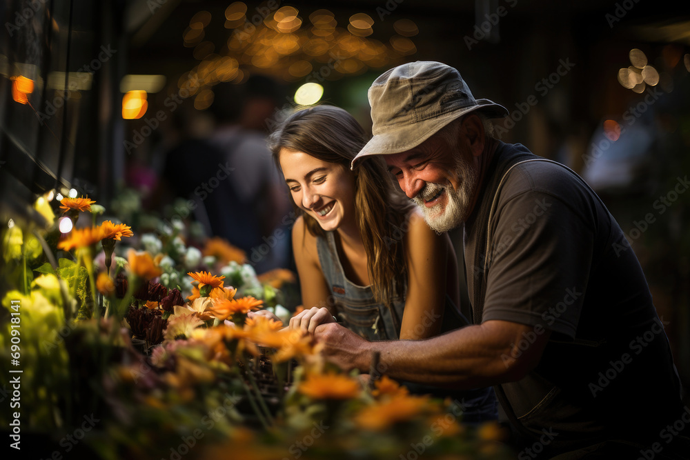 Senior man and a young woman joyfully interact at a flower market stall, sharing a cheerful and familial moment.