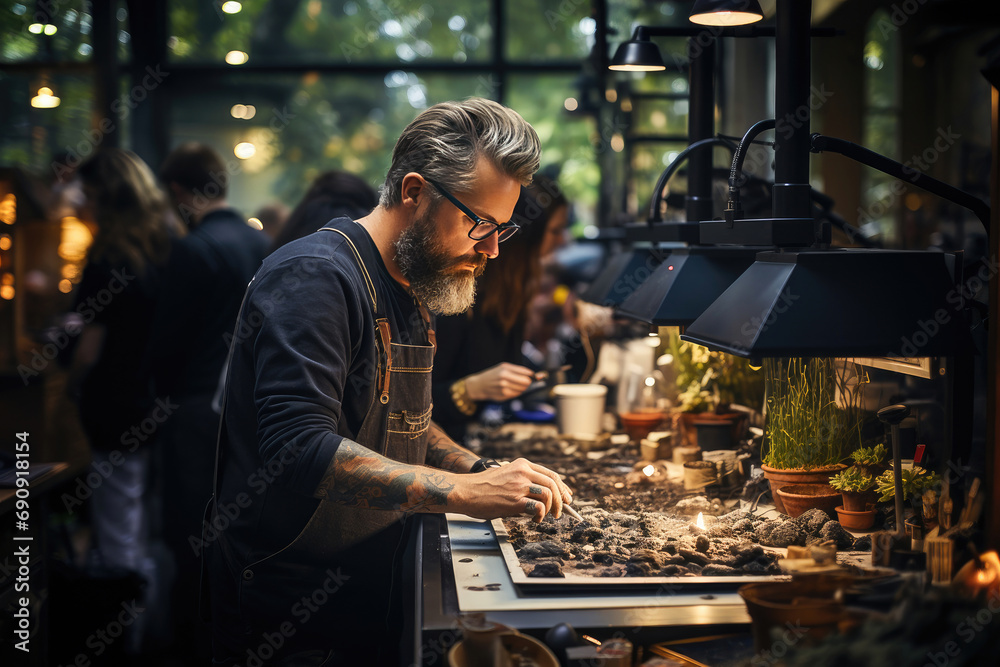Bearded artisan with tattoos crafting bespoke items in a cozy, well-lit workshop, embodying creativity and skilled craftsmanship.