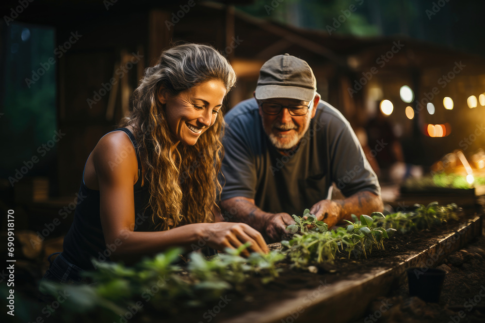 A senior man and a young woman happily plant seedlings together at a wooden table in a greenhouse, sharing a moment of joy and teamwork.