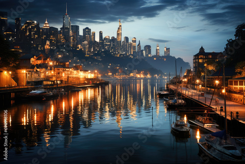 A tranquil evening cityscape with skyscrapers illuminated and reflections on the river.