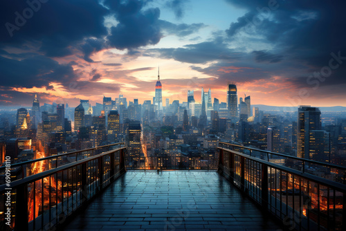 Stunning sunset view of a city skyline from a high vantage point, with skyscrapers and vibrant evening colors. photo