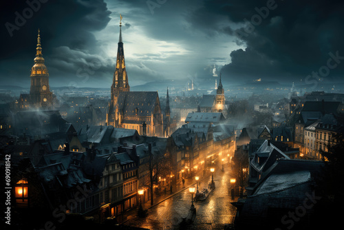 Dramatic cityscape at night with historic buildings illuminated under a cloudy sky, showcasing timeless architecture and urban charm.