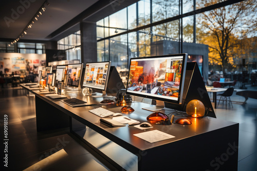 A modern office or showroom interior with multiple computer monitors on sleek desks, showcasing technology in a professional setting. photo
