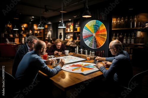 Group of professionals engaged in a strategic planning session with a colorful chart at a round table in a modern office.