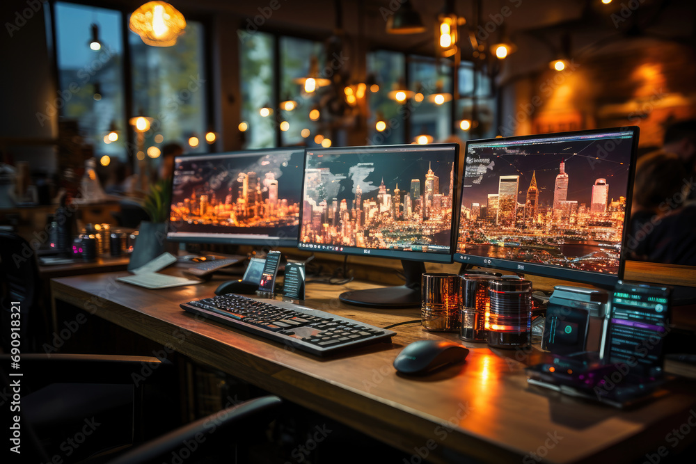 Office setup with multiple monitors displaying a cityscape at night, showcasing a modern, well-equipped technology workspace.