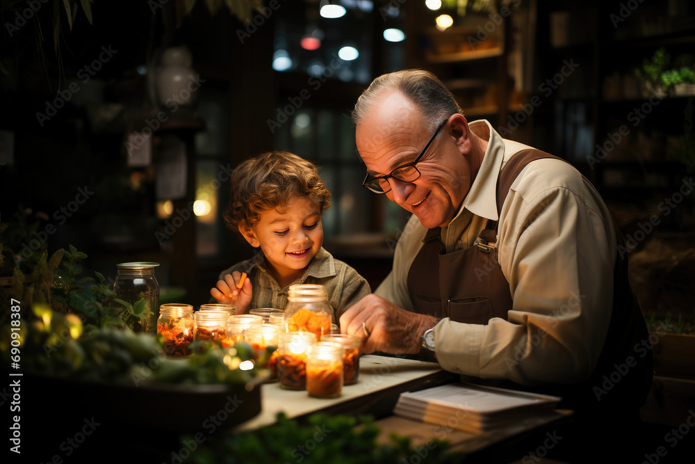 A heartwarming moment as a smiling grandfather reads a book with his young grandson by candlelight, sharing stories and bonding.