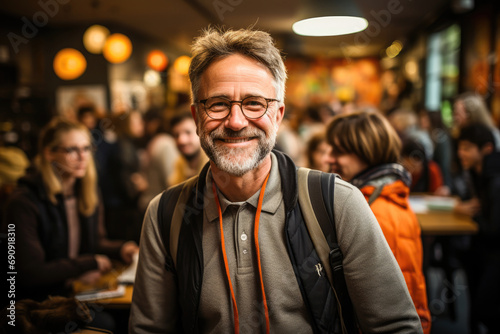 Friendly, smiling mature man with glasses standing in a busy indoor social setting, looking directly at the camera.