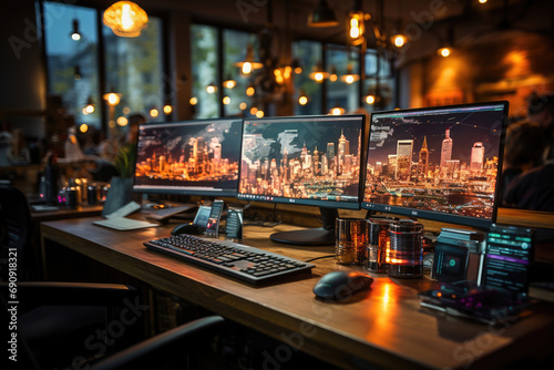 Office setup with multiple monitors displaying a cityscape at night  showcasing a modern  well-equipped technology workspace.