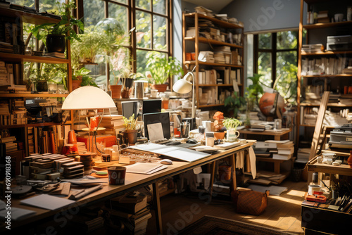 Warm and inviting home office space overflowing with books and plants, bathed in natural sunlight.