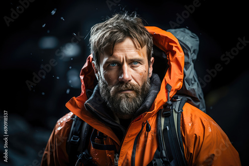 A rugged bearded man in an orange jacket braves the harsh winter elements, exuding strength and determination.