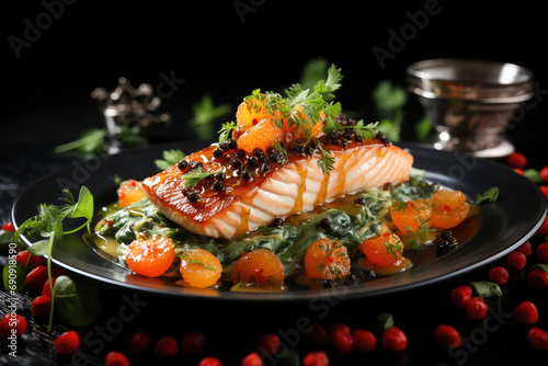 Elegant gourmet salmon dish garnished with herbs, caviar, and edible flowers, presented on a sleek black plate.