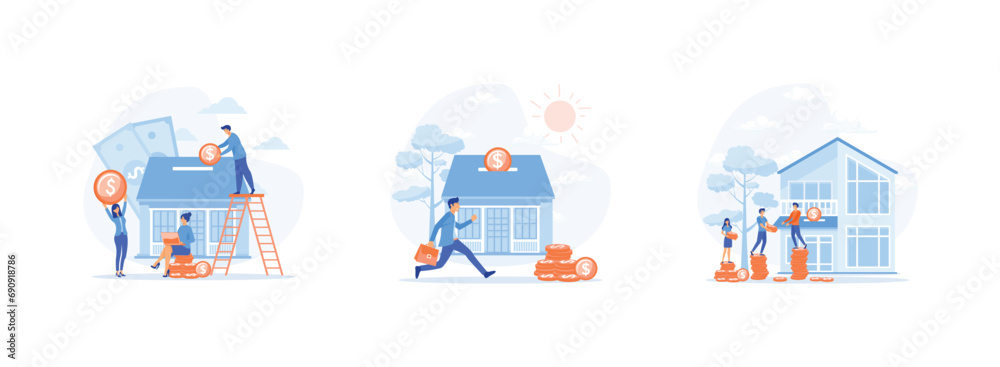 Real estate investment.Investing Money in Real Estate Property. Small Families Buy Home on a Mortgage and Pay Credit to the Bank. Real estate investment set flat vector modern illustration