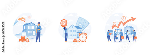 House mortgage. young couple investing money in real estate. Transaction and rising of property value. Real estate investment set flat vector modern illustration 