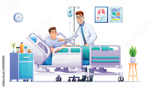 Doctor examining a sick man lying on hospital bed by stethoscope. Patient hospitalization concept. Vector cartoon illustration photo