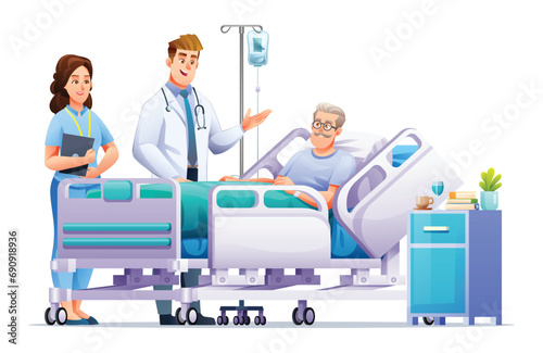 Doctor and nurse visit a senior man lying on hospital bed. Patient hospitalization concept. Vector cartoon illustration