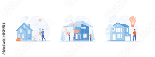 eco technology, technology system with centralized control, Renewable energy and saving electricity. Eco house set flat vector modern illustration 