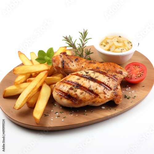 grilled chicken fillet with french fries real photo