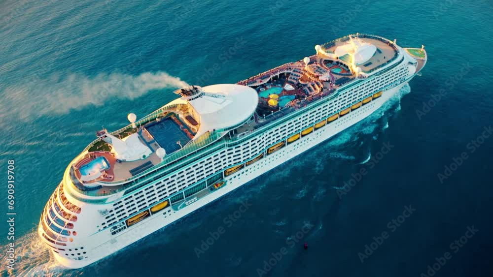 Cruise ship sailing across The Mediterranean sea - Aerial footage. luxury cruise in the ocean sea concept tourism travel on holiday take a vacation time on summer. 