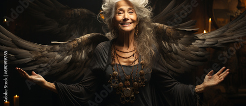 Inspirierende Älterwerden: Porträt mit himmlischen Flügeln photo