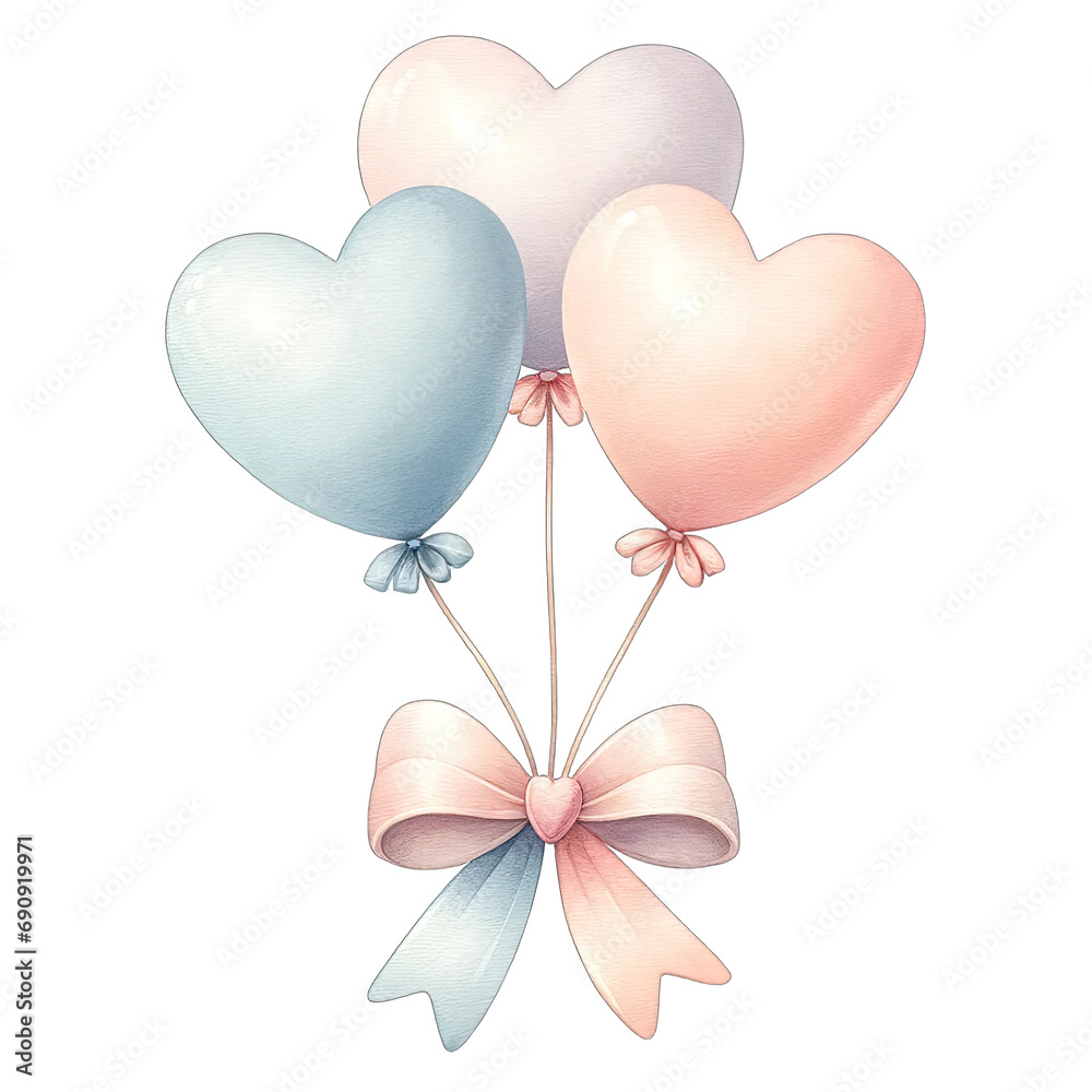 Watercolor heart shaped pastel balloons tied with bow