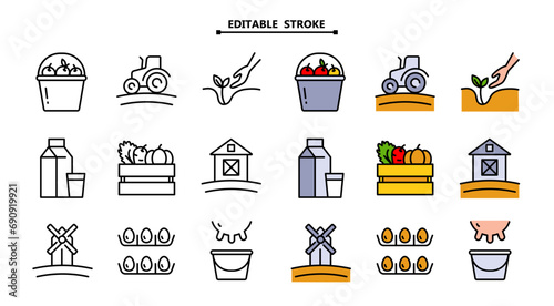 Set of vector icons related to agriculture. Editable stroke. Contains such barn, agricultural machinery, livestock farming, gardening and much more