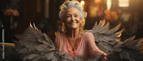 Engelsanmut: Schöne Seniorin mit himmlischen Flügeln