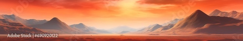 breathtaking beauty of sunrise in the desert. The sun rises over the deep blue mountains, bathing the panoramic landscape in warm light. Orange sky