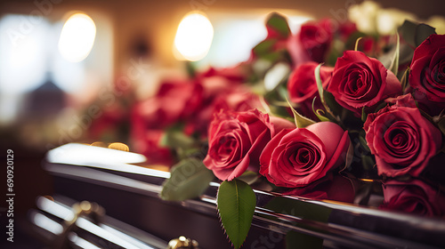 Rose flowers on a coffin at funeral in church