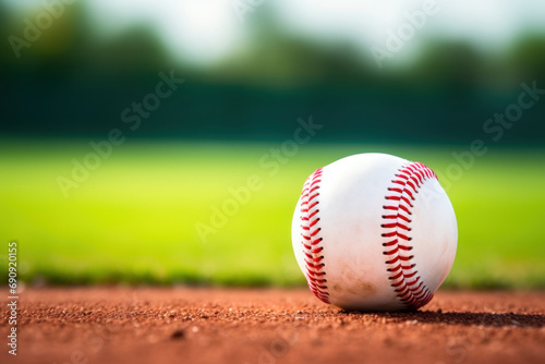 a baseball lies on a wet field against a background of green grass
