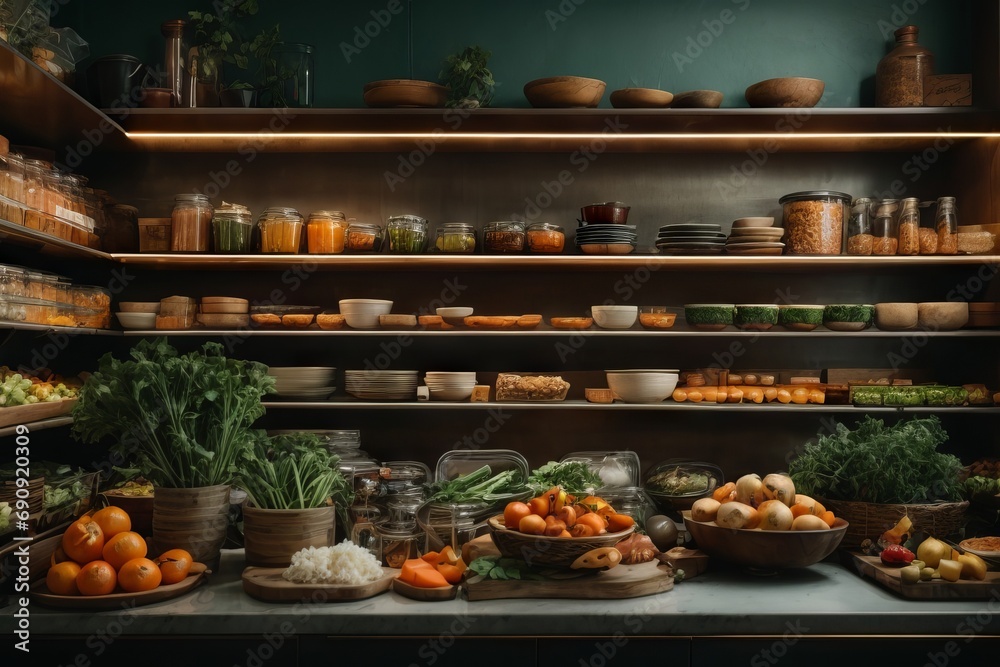 Grocery store, fresh food, vegetables and fruits on the shelves and counters. Grocery store, fresh food, vegetables and fruits on the shelves and counters.