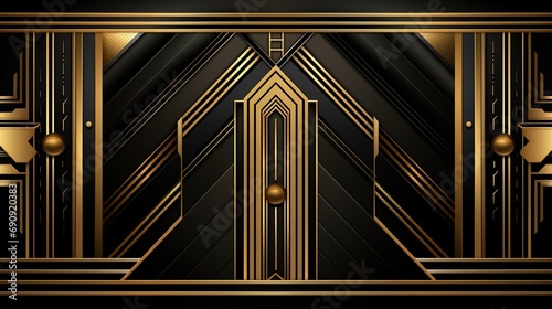 symmetrical art deco style golden arches design. The combination of black and gold creates a feeling of elegance and luxury